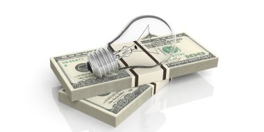 3D render ampul 100 dolarlık banknotlar yığın üzerinde