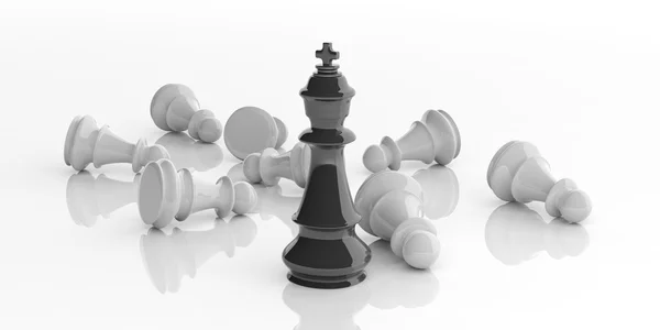 3D візуалізація шахового короля і пішаків на білому тлі — стокове фото