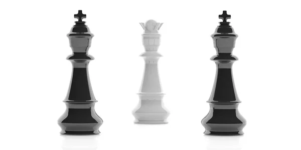3D renderowania dwóch królów szachy i typu queen-size na białym tle — Zdjęcie stockowe