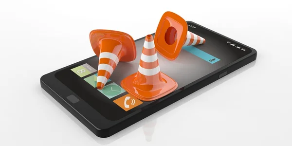 3d representación de conos de tráfico en un teléfono inteligente — Foto de Stock
