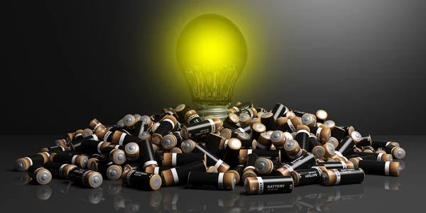 3D vykreslování baterie a žárovky světlo na černém pozadí — Stock fotografie