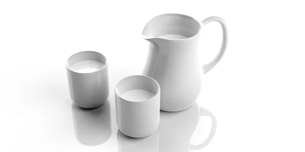 3 d のレンダリングの水差しとミルクとカップ — ストック写真