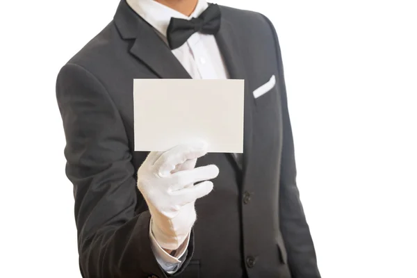 Butler segurando um cartão em branco — Fotografia de Stock