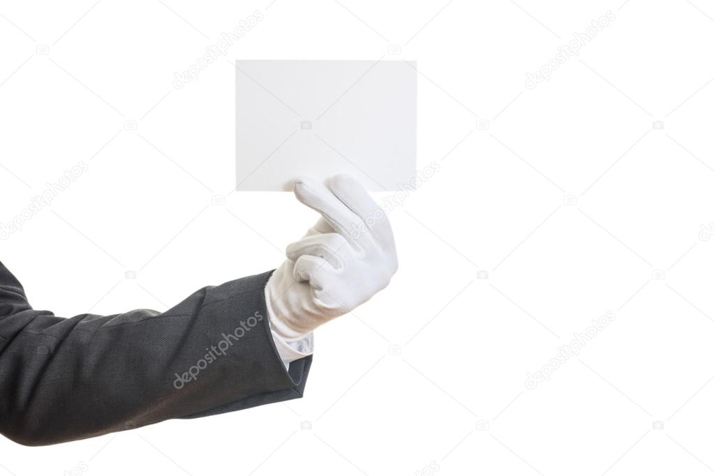 Gloved hand holding a blank card