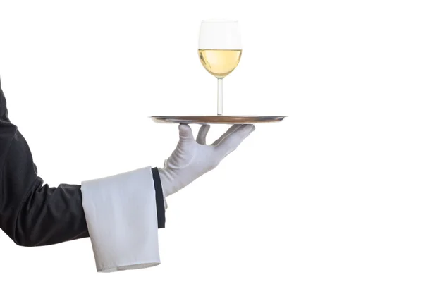 Kellner serviert Wein auf Tablett — Stockfoto