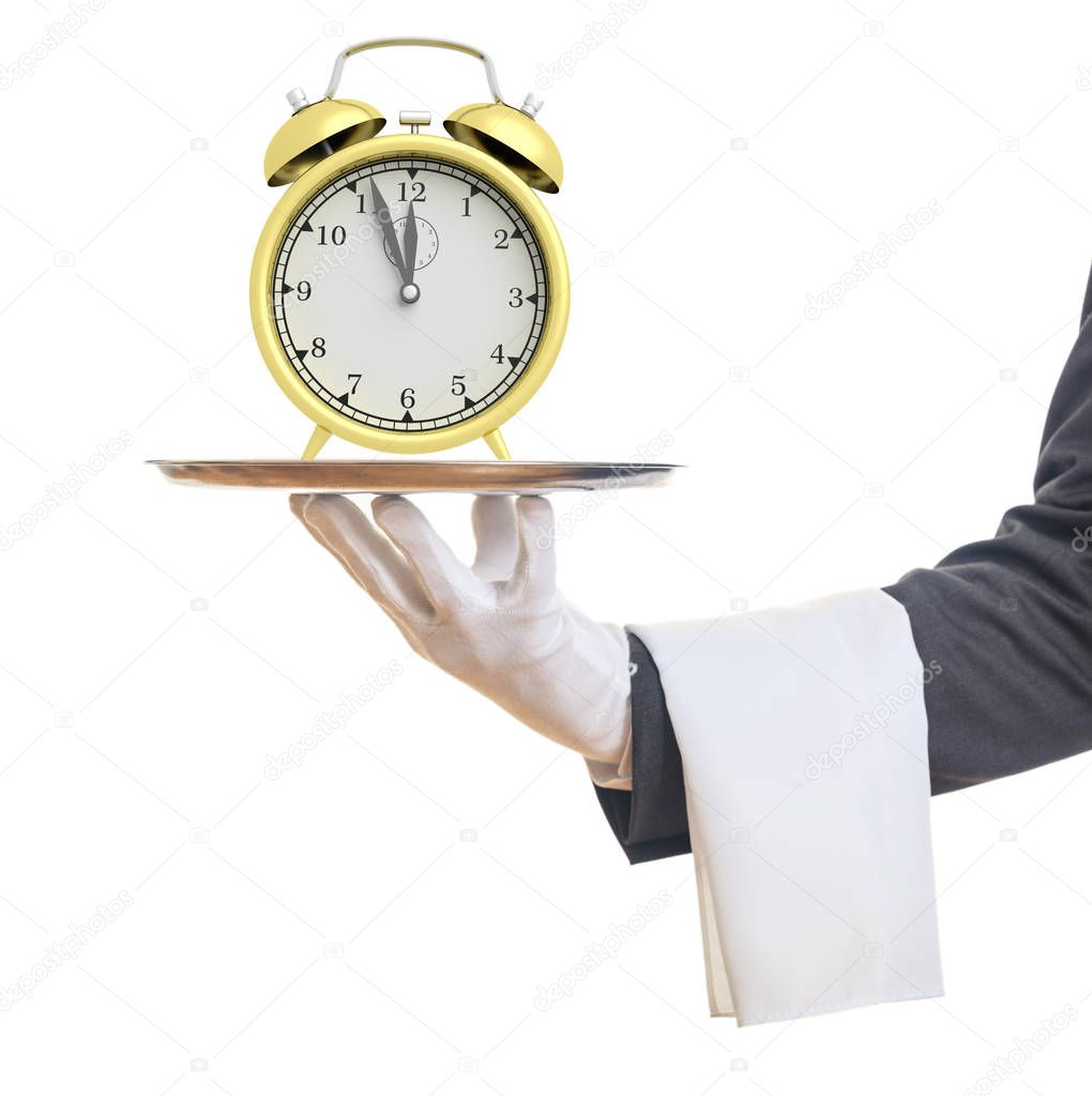 3d rendering alarm clock on a waiter's hand