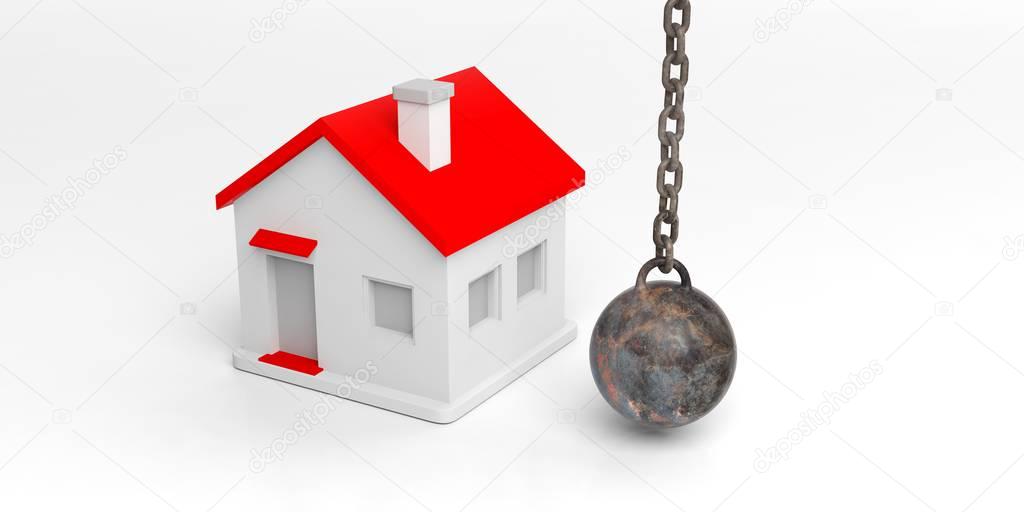 3d rendering wrecking ball and small house