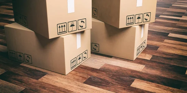 3d rendering moving boxes on wooden floor — Stock Photo, Image