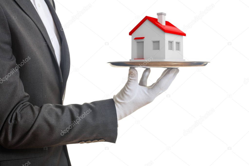 3d rendering waiter offering a house