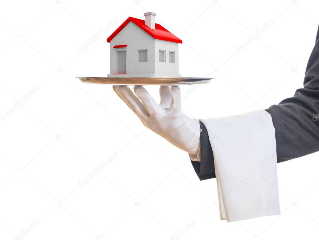 3d rendering waiter offering a house