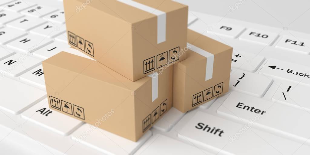 3d rendering moving boxes on white keyboard