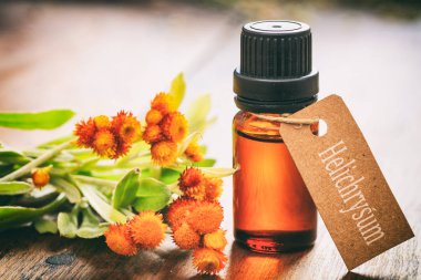 Ahşap arka plan üzerinde taze helichrysum dal