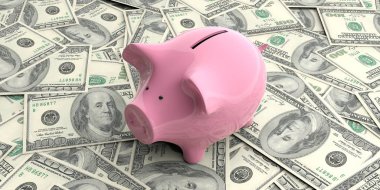 100 dolarlık banknotlar üzerinde 3D render pembe kumbara
