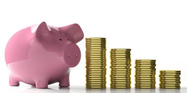 3D render kumbara ve beyaz zemin üzerine altın sikke