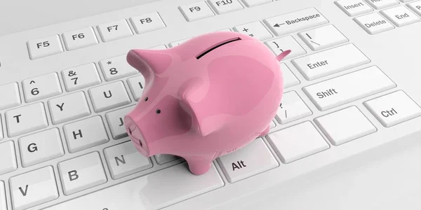 3D renderowania pink piggy bank na klawiaturze — Zdjęcie stockowe