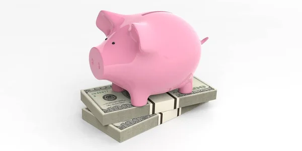 3D-Rendering rosa Sparschwein auf 100-Dollar-Banknoten — Stockfoto