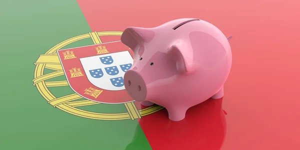3d renderização rosa piggy bank na bandeira de Portugal — Fotografia de Stock