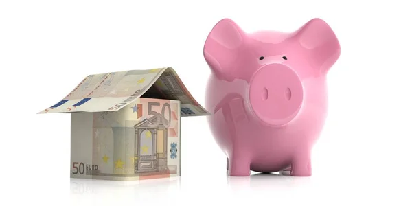 3D-Rendering rosa Sparschwein und ein Euro-Haus — Stockfoto