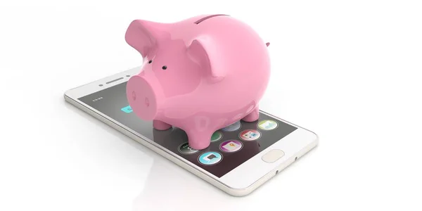 스마트폰에 3d 렌더링 핑크 돼지 저금통 — 스톡 사진