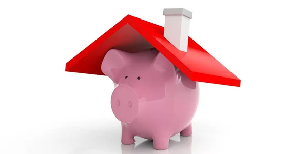3D Rendering rosa Sparschwein und ein Hausdach — Stockfoto