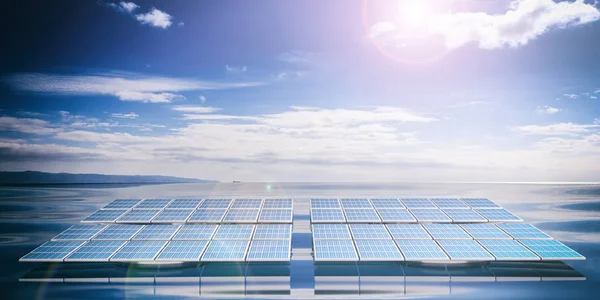 3D-Rendering von Sonnenkollektoren auf Meer und Himmel Hintergrund — Stockfoto
