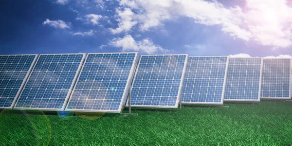 Mavi gökyüzü arka plan üzerinde 3D render güneş panelleri