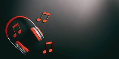 3D Render kırmızı kablosuz kulaklık çift ve müzik notlar