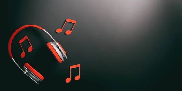 3d representación par de auriculares inalámbricos rojos y notas de música — Foto de Stock