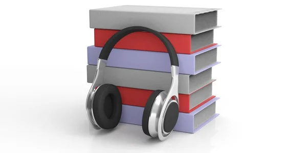 3d render sepasang headphone nirkabel dan buku audio — Stok Foto