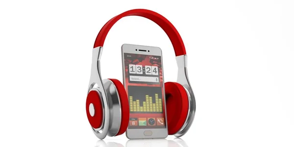 3d renderização par de fones de ouvido sem fio vermelhos e um smartphone — Fotografia de Stock