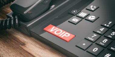 3D render ofis telefon ahşap arka plan üzerinde