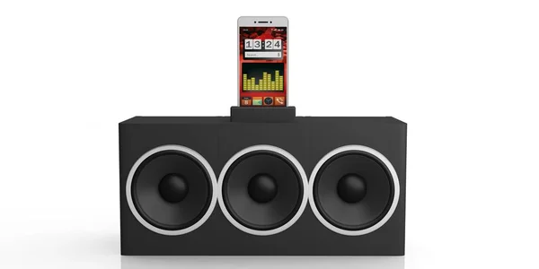 3D-Rendering-Lautsprecherbox und Smartphone auf weißem Hintergrund — Stockfoto