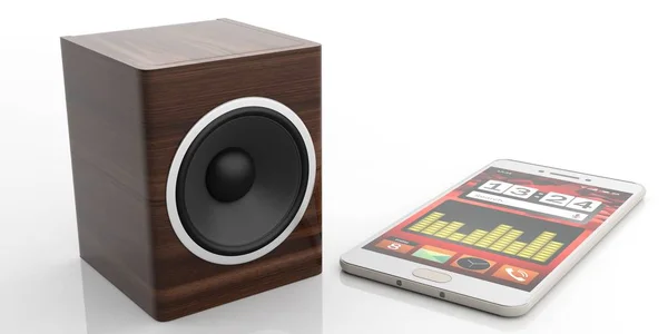 3D renderização caixa de alto-falante de áudio e smartphone no fundo branco — Fotografia de Stock