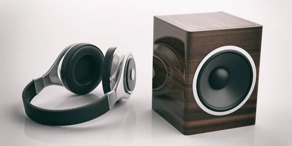 3D renderização de fones de ouvido e caixa de alto-falante de áudio no fundo branco — Fotografia de Stock