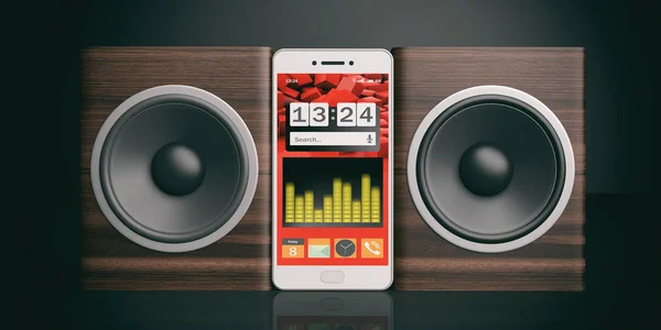 3d rendering audio speaker boxes and smartphone on black background