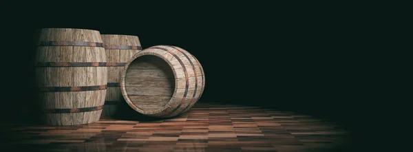 3D Rendering von Holzfässern auf dunklem Hintergrund — Stockfoto