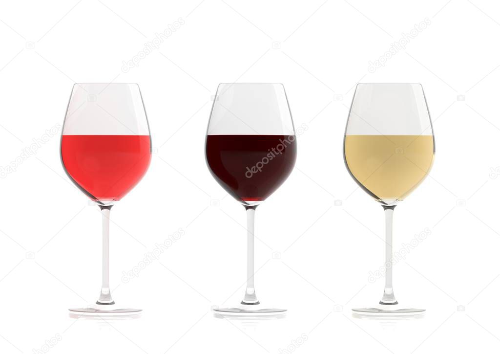 3d rendering glasses of wine on white background