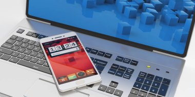 bir dizüstü bilgisayarda 3D render smartphone