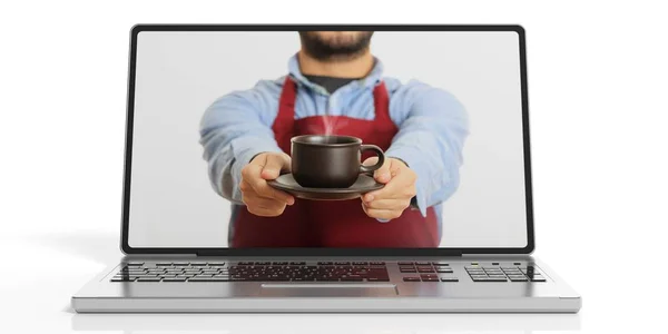 3D-Rendering Mann bietet Kaffee durch einen Laptop-Bildschirm — Stockfoto