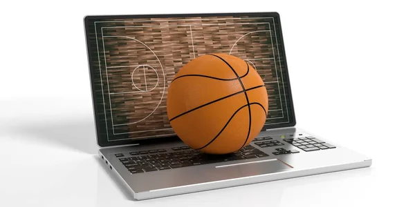 Pallone da basket di rendering 3d su un computer portatile — Foto Stock