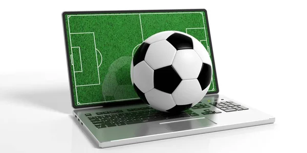 3d rendering pallone da calcio su un computer portatile — Foto Stock