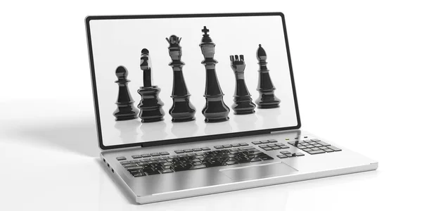 노트북 화면에 3d 렌더링 체스 — 스톡 사진