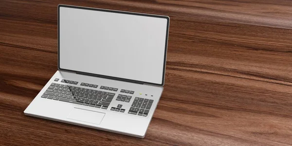 3D vykreslování laptop na dřevěné pozadí — Stock fotografie