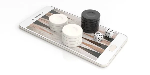 Backgammon chips op een smartphone. 3D illustratie — Stockfoto