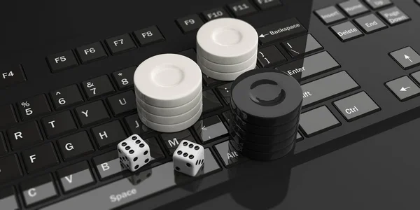 Backgammonchips auf einer Tastatur. 3D-Illustration — Stockfoto