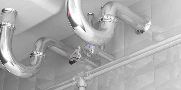 Water pipes under double sink. 3d illustartion — Stock Photo, Image