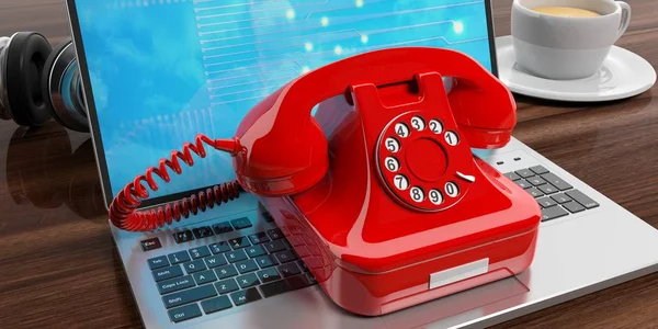 Röda gamla telefon på en bärbar dator. 3D illustration — Stockfoto