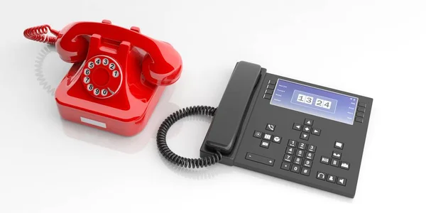 Красный старый телефон и современный телефонный аппарат на белом фоне. 3d иллюстрация — стоковое фото