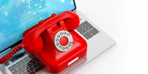Bir dizüstü bilgisayarda kırmızı eski telefon. 3D çizim — Stok fotoğraf