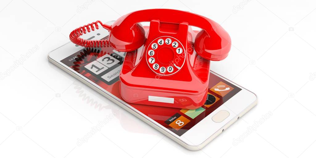 Red old telephone and smartphone on white background. 3d illustration
